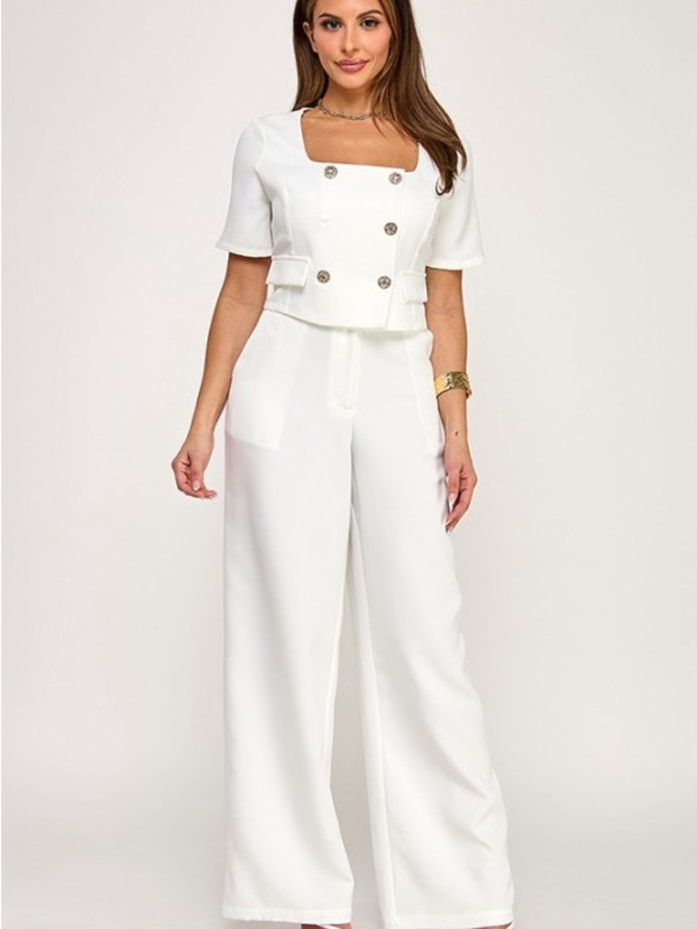 White Wide-Leg Suit Set with Square Neck Blouse